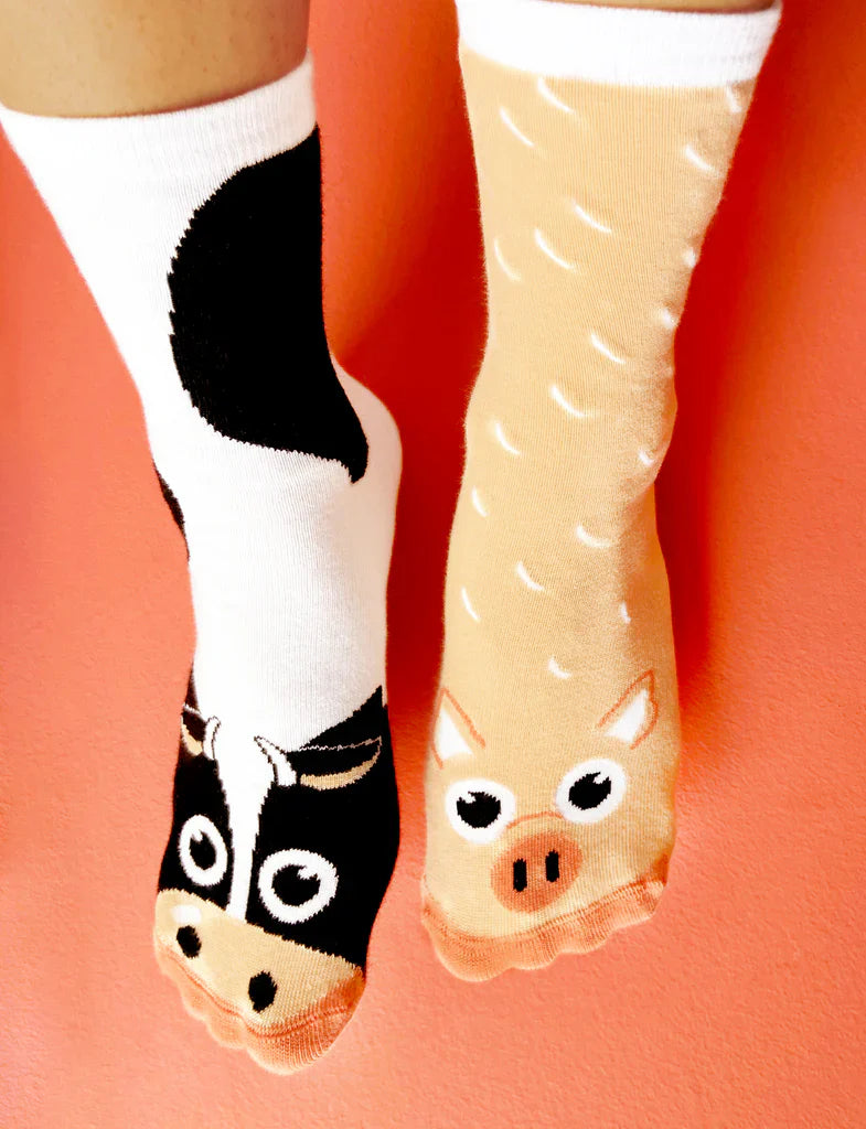 Cow & Pig | Teen & Adult Socks | Mismatched Cute Crazy Fun Socks